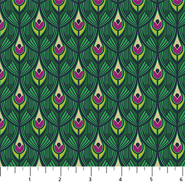 Figo Fabrics: Wild Abandon Peacock Midnight Small Scale Green Feathers  Cotton Woven- by the Half Yard