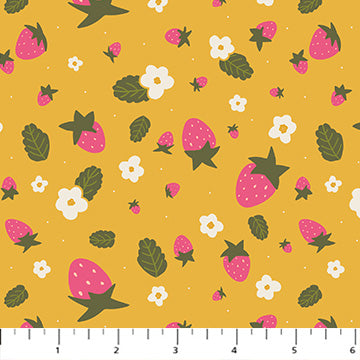 Figo Fabrics: Sarah Hearts Joyful June Ochre Strawberries Quilting Cotton Woven- by the Half yard