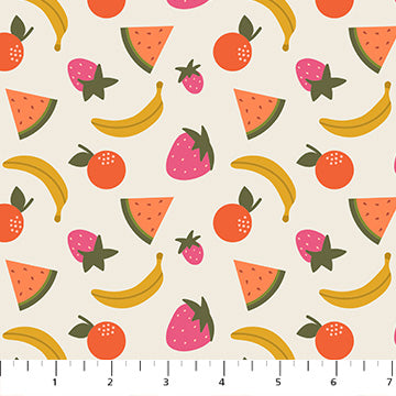 Pattern of fruits including watermelon, banana, strawberry, and orange on a beige background. LA Finch Fabrics. Joyfu June Sarah hearts