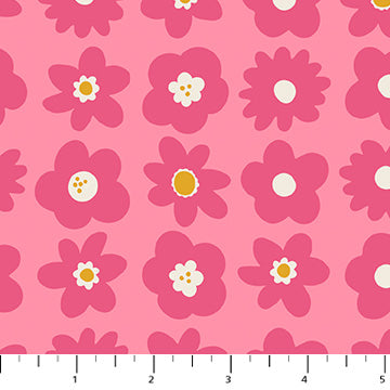 Figo Fabrics: Sarah Hearts Joyful June Pink Retro Florals Quilting Cotton Woven- by the Half yard