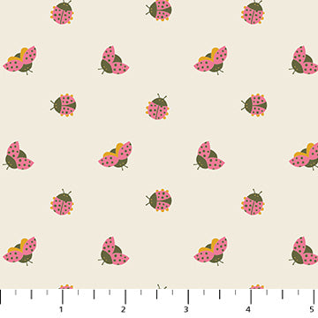 Pattern of colorful ladybugs on a beige background