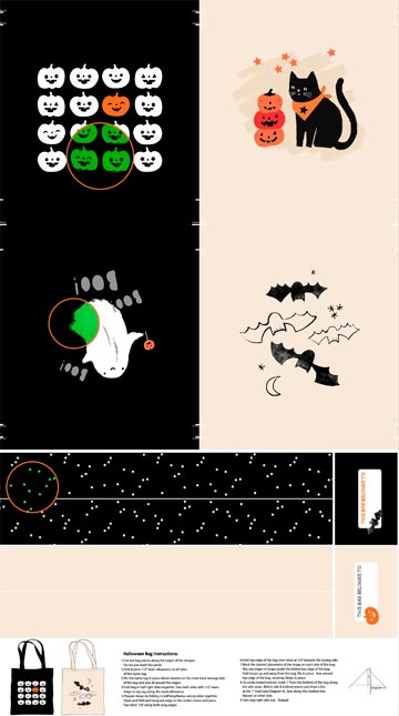 Halloween Fabric: Northcott Sweet Treats Glow in the Dark Bag Panel- 1 Panel