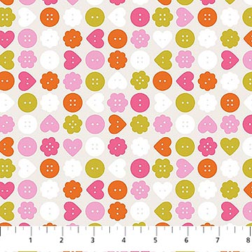 Northcott Fabrics : Sarah Hearts Bits & Bobs Buttons Cream by Figo Cotton Woven- by the half yard