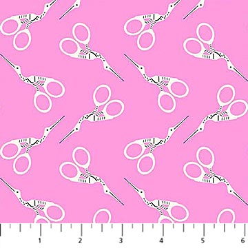 Northcott Fabrics : Sarah Hearts Bits & Bobs  Pink Stork Scissors by Figo Cotton Woven- by the half yard