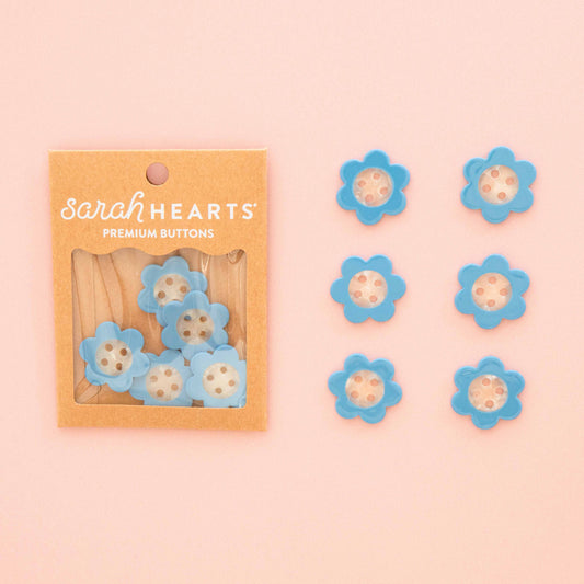 Notions: Sarah Hearts Blue Daisy Large 1" Buttons- 1 Pack ( 6 Buttons)