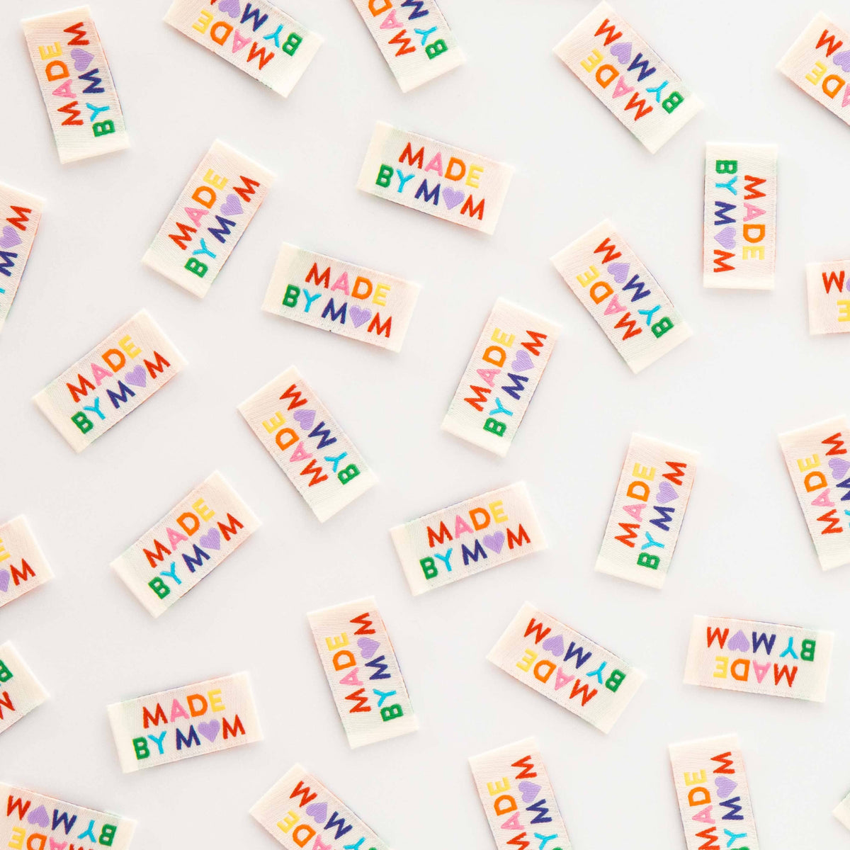Notions: Sarah Hearts Made by Mom Woven Sewing Labels Rainbow Colors 8 labels- 1 pack