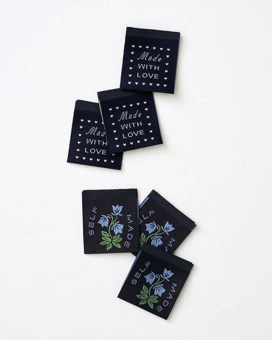 Sewing Labels: Self Made Botanical Blue Woven Garment Labels(1.25"x1.25")- 1 pack ( 6 labels)