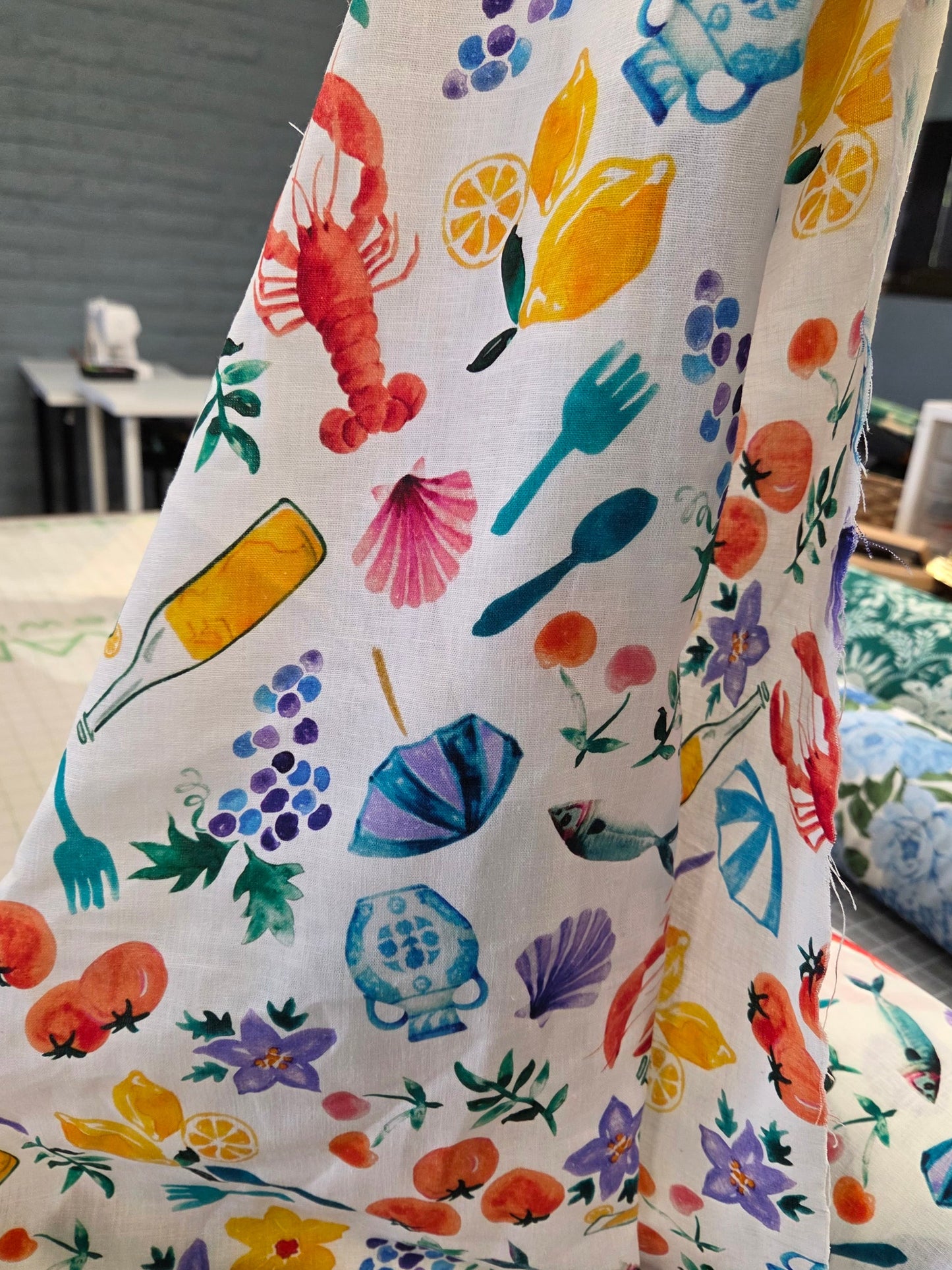 Designer Deadstock Cotton Linen Lobster and Wine in Amalfi Woven- by the yard