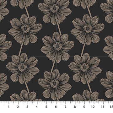 Pattern of black flowers on a dark background with a fabric swatch at the bottom. Ana Marie Textiles. Indeliable Collection