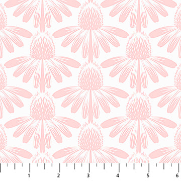 Pattern of pink flowers on a white background with a ruler at the bottom. Ana Maria Textiles