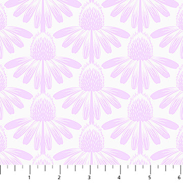 Pattern of light purple flowers on a white background with a ruler at the bottom. Ana maria Textiles