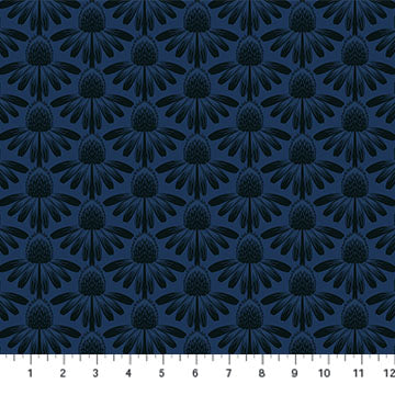 Dark blue fabric with a floral pattern on a white background. Ana Maria Textiles. AMT1001-
86L