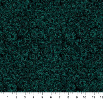 Teal and black patterned fabric mum in seaweed floral by Ana Maria Textiles. Quilting Cotton for apparel and quilting. Bagmaking