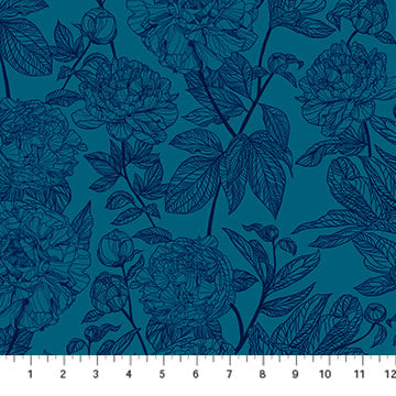 Floral pattern on a blue background with a fabric swatch at the bottom. Ana Maria textiles. LA finch fabrics. Southern California.