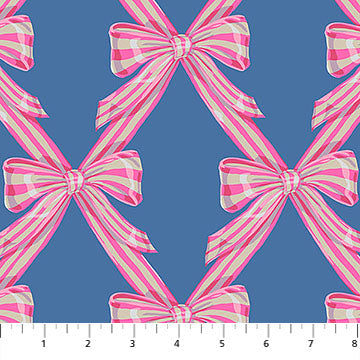 Northcott Fabrics: Anna Maria Textiles Cozy Christmas Flourish Wrapped Bow Pink and BlueCotton Woven- by the half yard