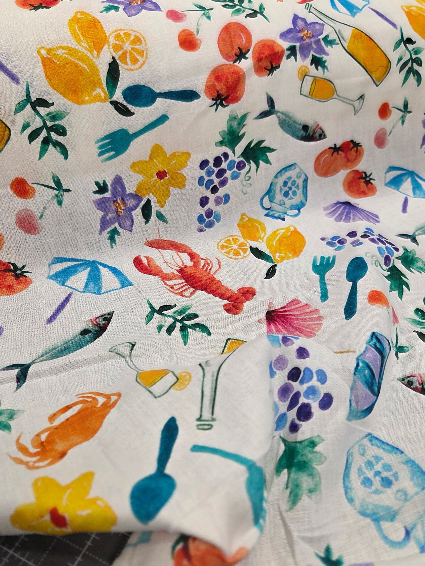 Designer Deadstock Cotton Linen Lobster and Wine in Amalfi Woven- by the yard