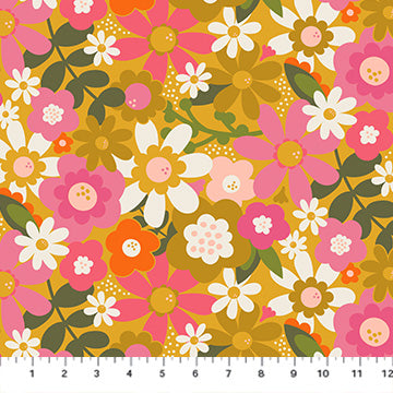 Floral pattern with pink, orange, and white flowers on a yellow background