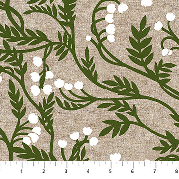 Fabric with green leafy pattern and white flowers on a beige background