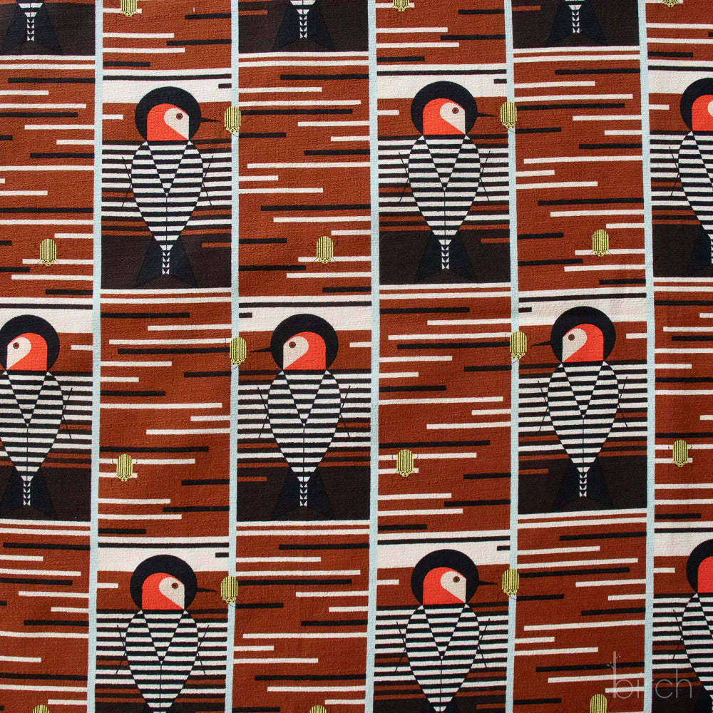 End of Bolt: 1 yard of Organic Premium Cotton Barkcloth Charley Harper Baffling Belly Red Bellied Woodpecker Birch Fabrics-(215GSM) -remnant