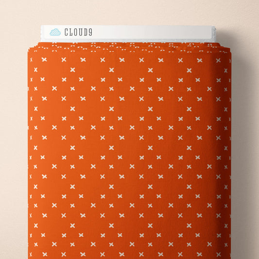 Cloud9 Fabrics: Crimson & Evergreen Criss Cross Diamonds Orange Red Organic Cotton Woven- by the half yard