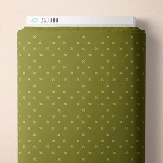 Cloud9 Fabrics: Crimson & Evergreen Criss Cross Diamonds Green Organic Cotton Woven- by the half yard