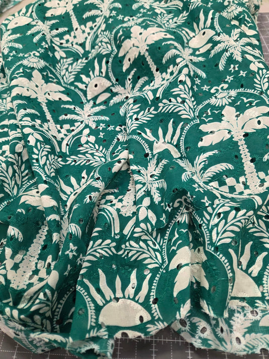 Designer Deadstock Bohemian Summer Sun & Palm Trees Green Cotton Eyelet Woven- by the yard
