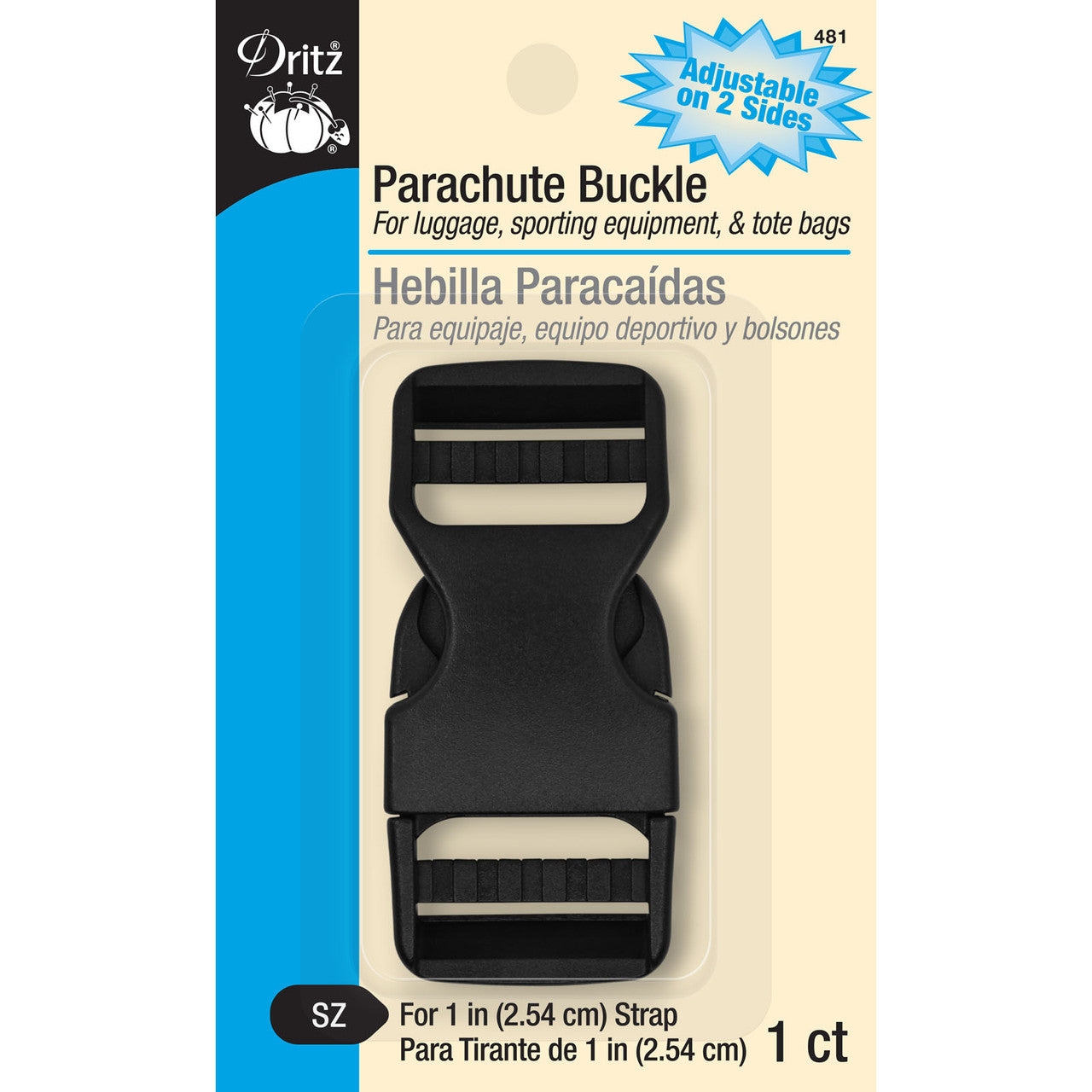 Parachute buckle on Dritz packaging with blue and beige design