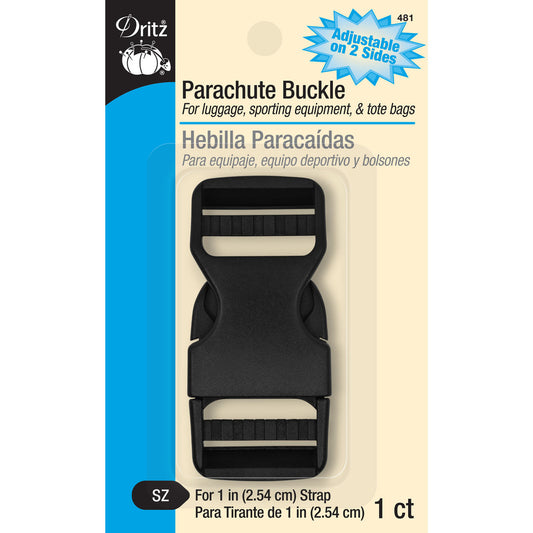 Parachute buckle on Dritz packaging with blue and beige design