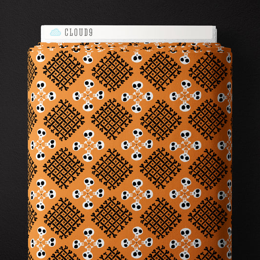 Cloud9 Fabrics: Halloween Dem Bones- The Lineup-Checker Bones Orange Organic Cotton Poplin- by the half yard