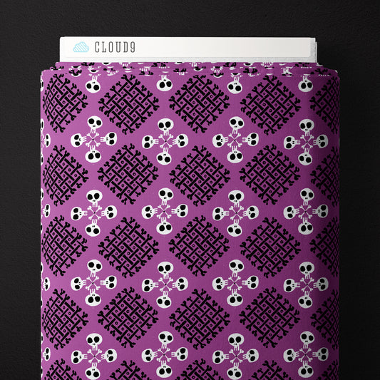 Cloud9 Fabrics: Halloween Dem Bones- The Lineup-Checker Bones Purple and Black Organic Cotton Poplin- by the half yard