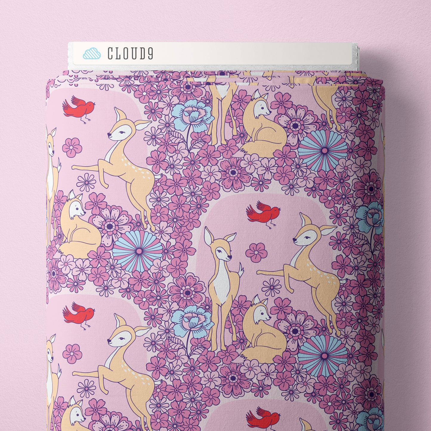 Cloud9 Fabrics: Organic Cotton  Forest Friends Floral Deer Cotton 4.8oz Woven-by the half yard