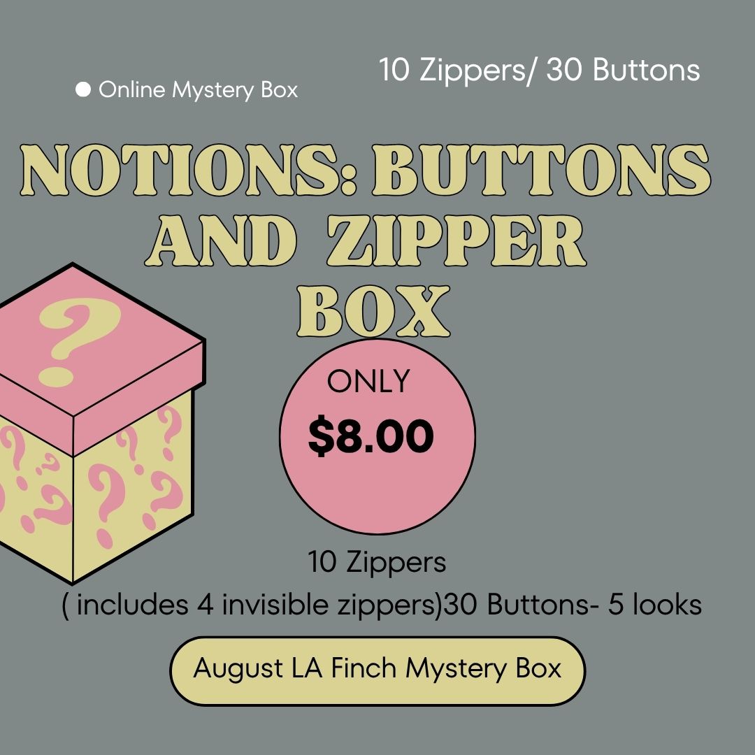 Mystery Online Notions Box: Zippers and Buttons- ( 10 Zippers and 30 Buttons)-Assorted