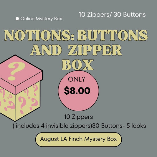 Mystery Online Notions Box: Zippers and Buttons- ( 10 Zippers and 30 Buttons)-Assorted