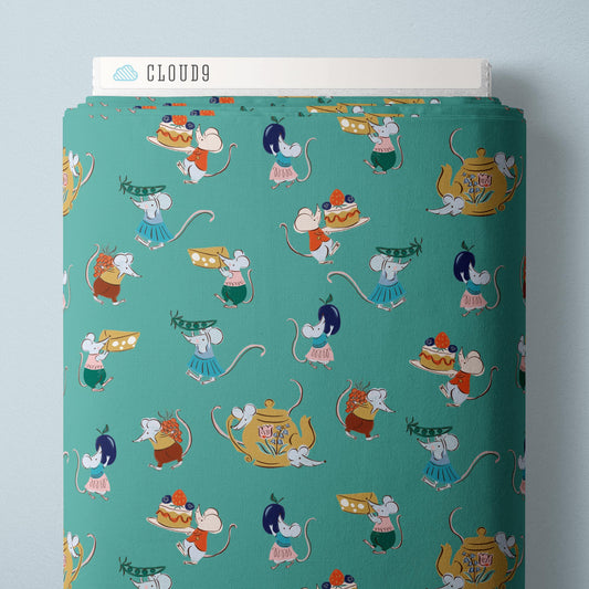 Cloud9 Fabrics: House Mouse Afternoon Tea in Teal by Louise Cunningham Organic Cotton- by the half yard