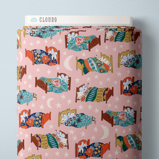 Cloud9 Fabrics: House Mouse Bedtime in Pink by Louise Cunningham Organic Cotton- by the half yard