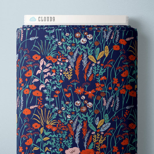 Cloud9 Fabrics: House Mouse Meadow Floral Dark Blue by Louise Cunningham Organic Cotton- by the half yard