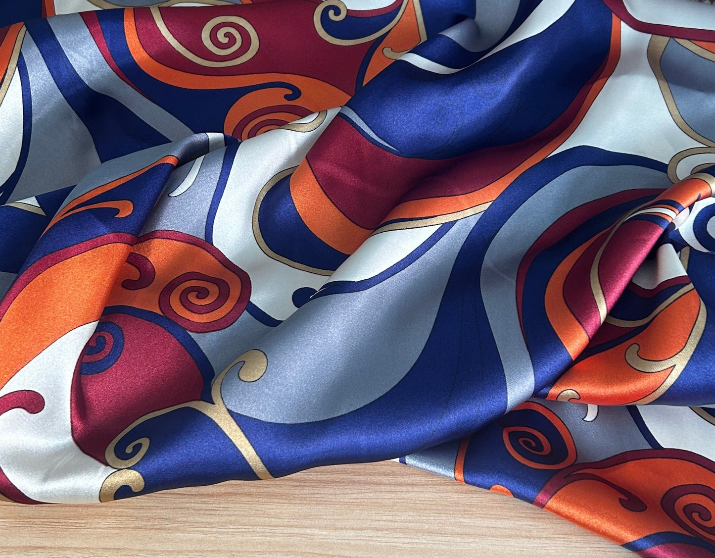 Designer Deadstock Satin Swirl Orange and Purple Charmeuse Floral Woven- Priced per yard