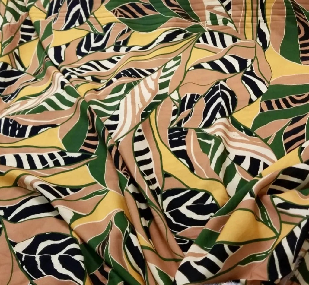 Designer Deadstock Overlapping Leaves Mustard, Green, Black Rayon Challis-Sold by the yard