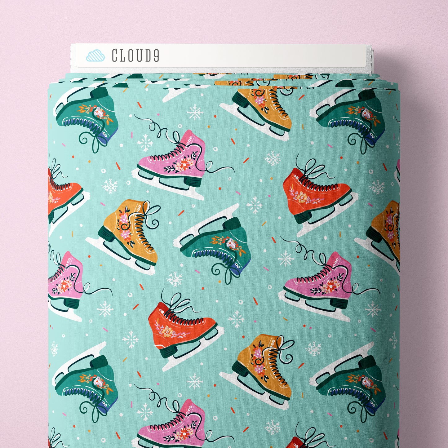 Cloud9 Fabrics: Jolly Tidings Turquoise Skate To Be Organic Cotton Woven- by the Half Yard