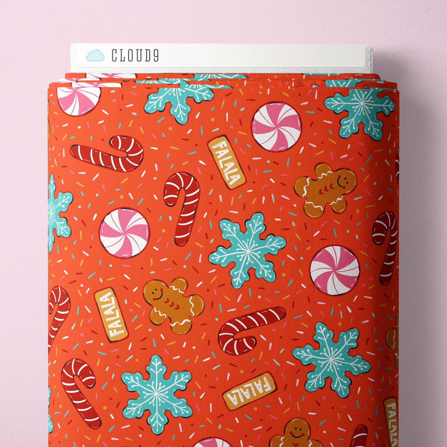 Cloud9 Fabrics: Jolly Tidings Christmas Red Cookie Chaos Organic Cotton Woven- by the Half Yard