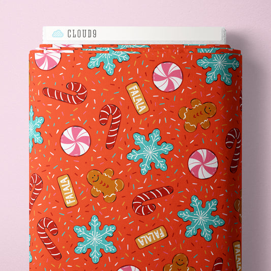 Cloud9 Fabrics: Jolly Tidings Christmas Red Cookie Chaos Organic Cotton Woven- by the Half Yard