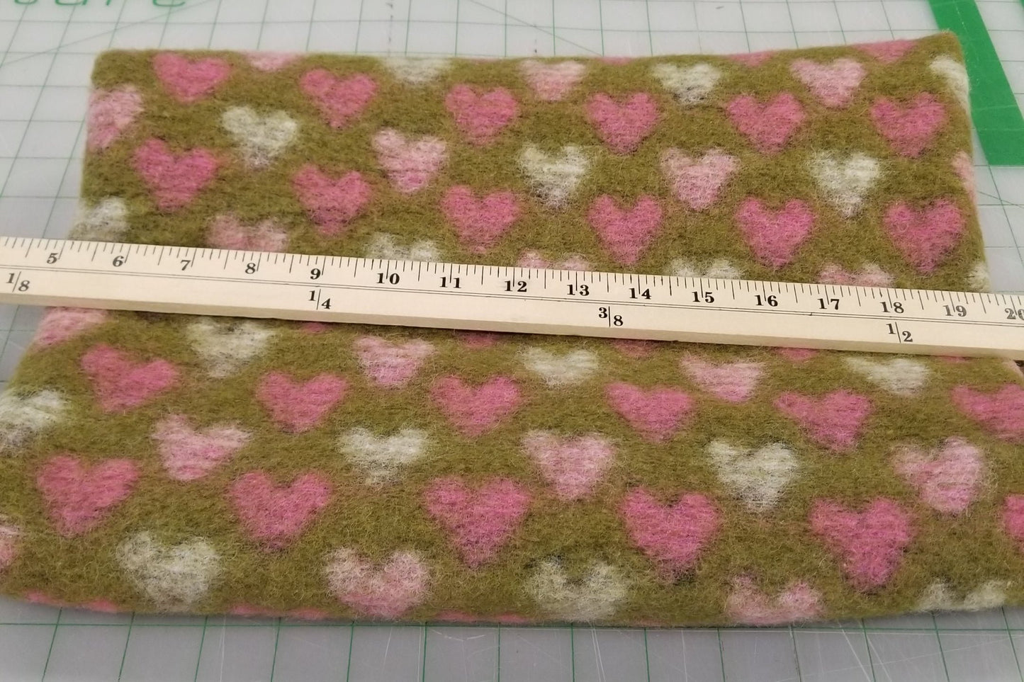 Designer Deadstock European Pink Hearts Chartreuse Boiled Wool Knit- by the yard