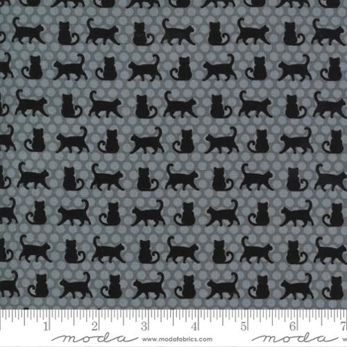 Pattern of black cat silhouettes on a gray background with a ruler for scale.