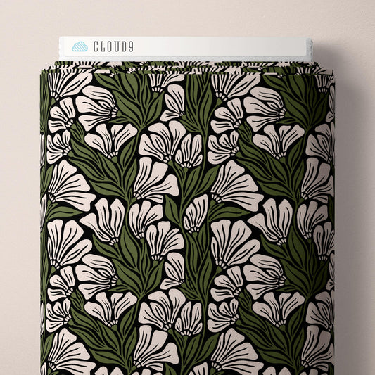 Cloud9 Fabrics: Marsh Havens Cornelius Floral Olive and Black Organic Cotton Woven- by the half yard