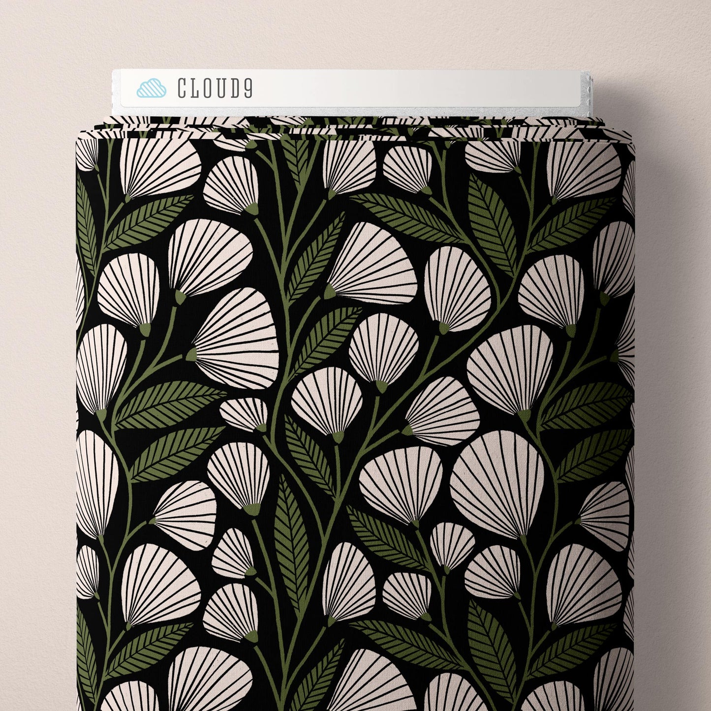Product packaging with a floral pattern on a beige background