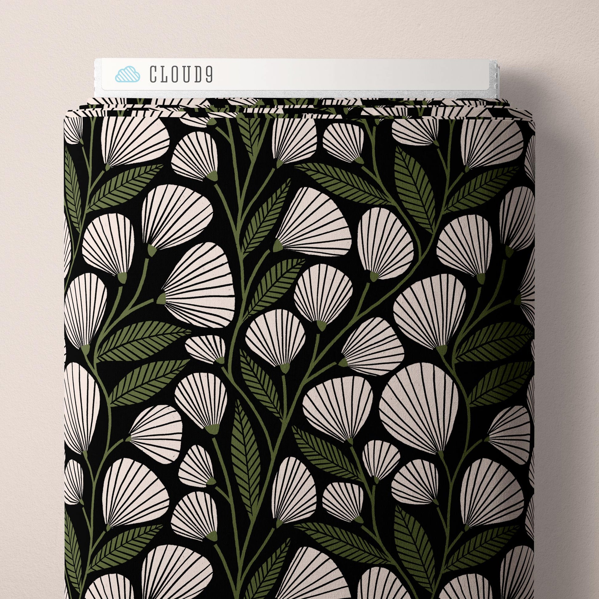 Product packaging with a floral pattern on a beige background