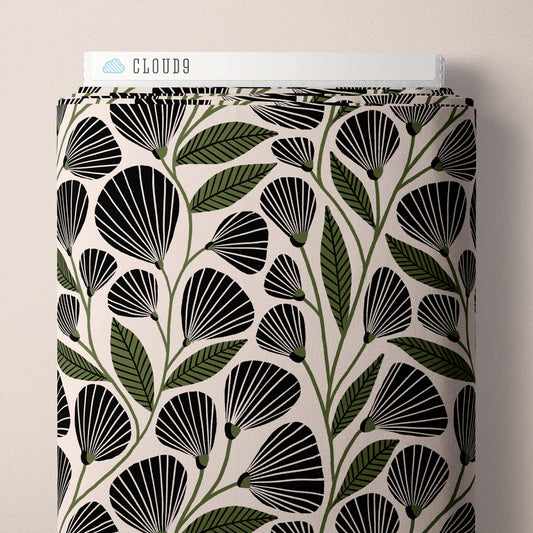 Fabric with black and green leaf pattern on a beige background, branded 'Cloud9'.