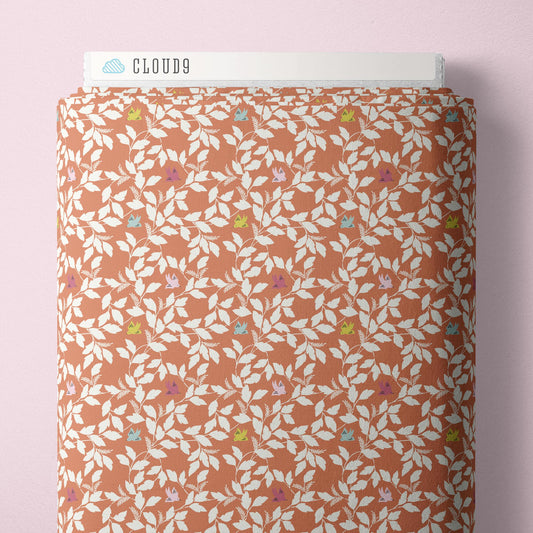 Cloud9 Fabrics: Meadow Melody Birds and Leaves Coral Organic Cotton Woven- by the half yard