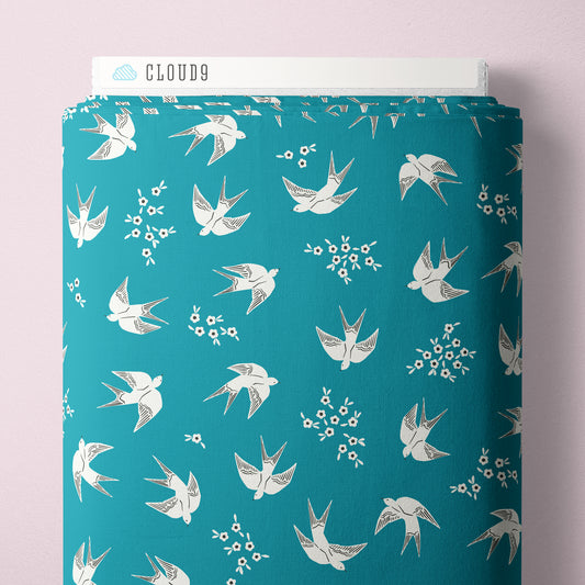 Cloud9 Fabrics: Meadow Melody Bird Swoop Peacock Blue Organic Cotton Woven- by the half yard