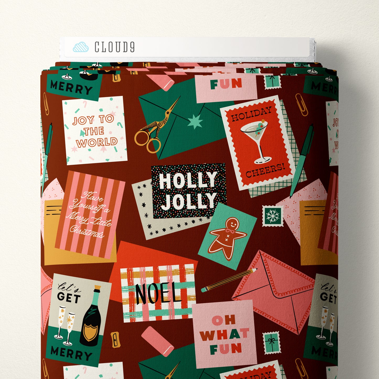 Cloud9 Fabrics:Merry & Mod Messages in Burgundy 4.8oz Organic Cotton Woven- by the Half Yard